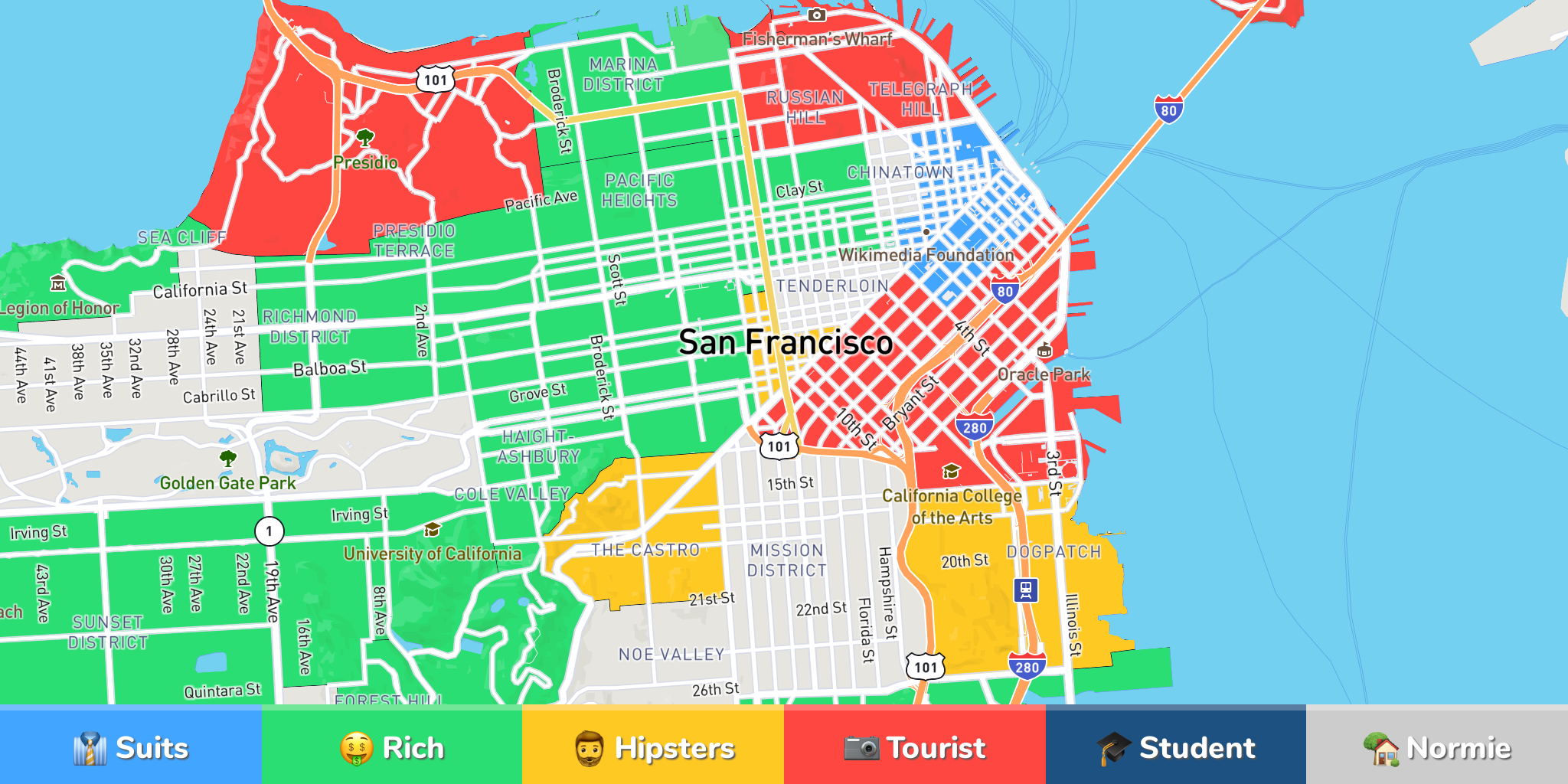 San Francisco Neighborhood Map: Civic Center: Kinky, Tenderloin: Homeless junkies, Western Addition: Japan, Union Square: No-go zone, Mission: Front-l